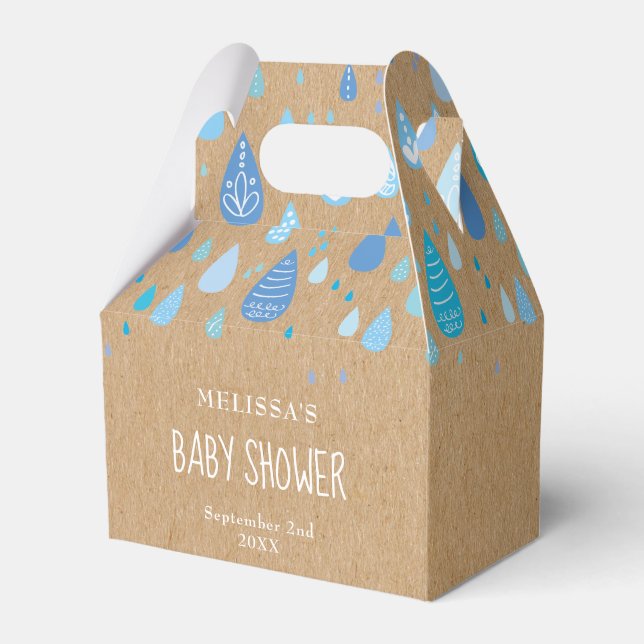 Rustic Kraft Blue Raindrops Baby Shower Favor Box (Front Side)