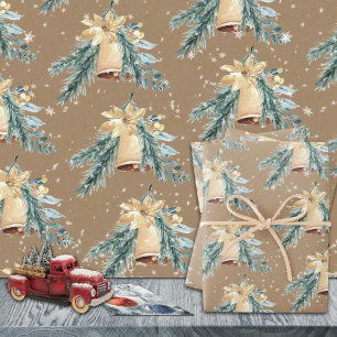 Rustic Kraft Blue Spruce Holiday Bells Neutral Wrapping Paper Sheet