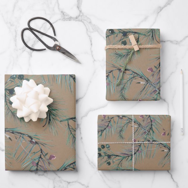 Rustic Kraft Blue Spruce Needles & Berries  Wrapping Paper Sheet (Front)