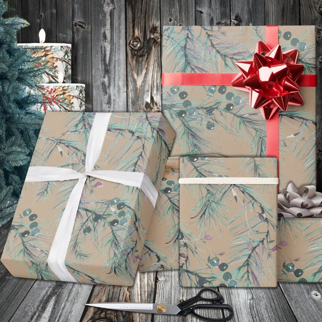 Rustic Kraft Blue Spruce Tree Needles & Berries Wrapping Paper (Rustic Kraft Blue Spruce Tree Needles & Berries Wrapping in 6 and 15 foot long 30 Inch Width Rolls
)