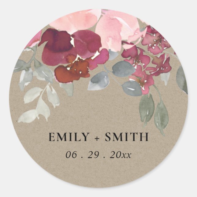 RUSTIC KRAFT BLUSH BURGUNDY ROSE FLORAL WEDDING CLASSIC ROUND STICKER (Front)