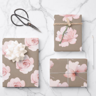 Rustic Kraft Blush Peach Peony Flowers Floral Wrapping Paper Sheet