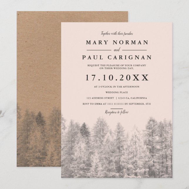 Rustic kraft blush pine trees forest wedding invitation (Front/Back)
