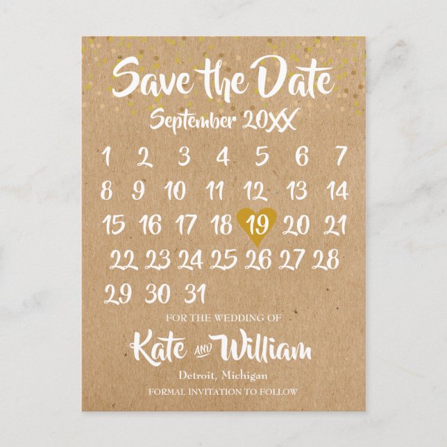 Rustic Kraft Boho Calendar Save the Date Photo Announcement Postcard (Front)