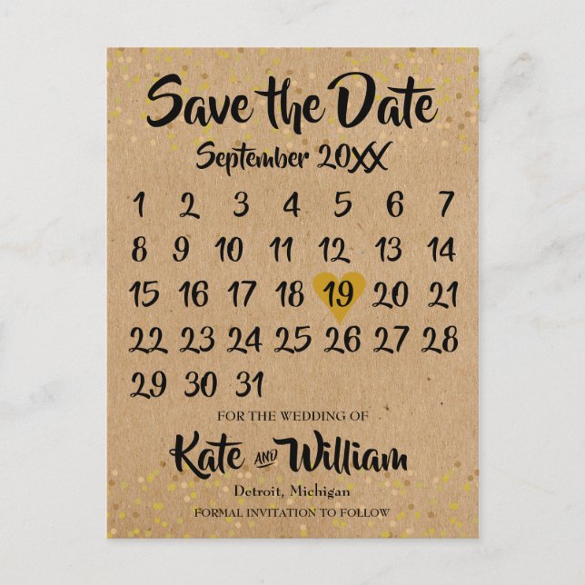 Rustic Kraft Boho Calendar Save the Date Photo Announcement Postcard (Front)
