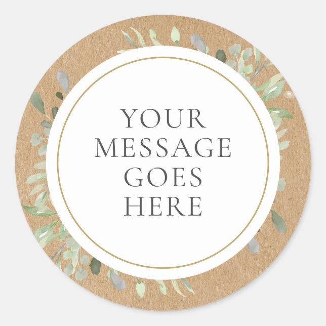 Rustic Kraft Boho Greenery Your Message Classic Round Sticker (Front)