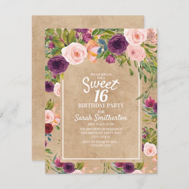 Rustic Kraft Boho Plum Blush Floral Sweet 16 Invitation (Front/Back)