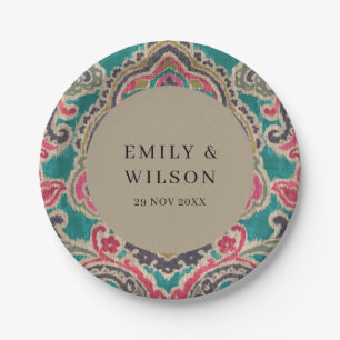 RUSTIC KRAFT BOHO TRIBAL IKAT PINK TEAL WEDDING P PAPER PLATE
