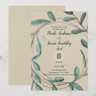 Rustic Kraft Botanical Wreath Leaf Wedding Invitation