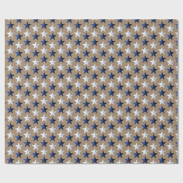 Rustic Kraft Bright Navy Blue Silver Stars  Wrapping Paper (Flat)