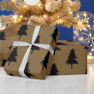 Rustic Kraft Brown Black Christmas Tree Pattern Wrapping Paper