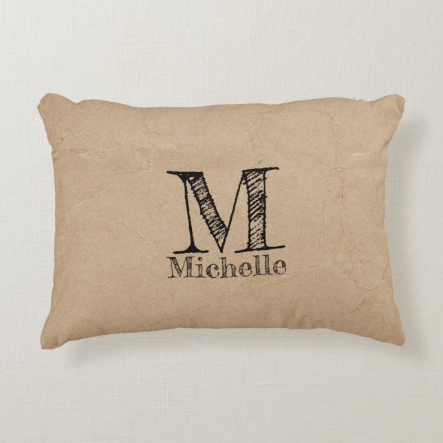 Rustic Kraft Brown Paper Look Monogram Accent Pillow (Front)