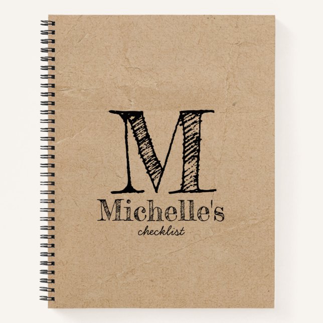 Rustic Kraft Brown Paper Look Monogram Checklist Notebook (Front)