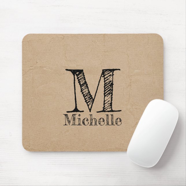 Rustic Kraft Brown Paper Look Monogram Mouse Pad (With Mouse)