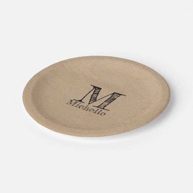 Rustic Kraft Brown Paper Look Monogram  Plate (Angled)