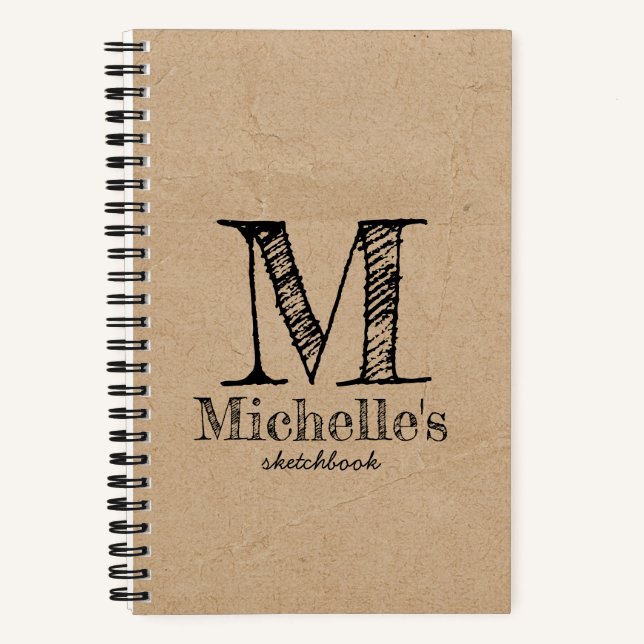 Rustic Kraft Brown Paper Look Monogram Sketchbook Notebook (Front)