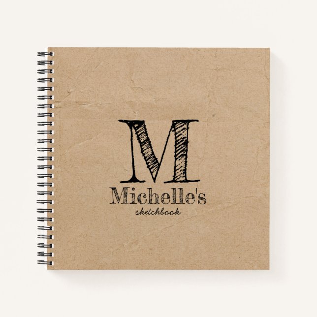 Rustic Kraft Brown Paper Look Monogram Sketchbook Notebook (Front)