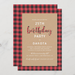 Rustic Kraft & Buffalo Plaid Script Birthday Party Invitation
