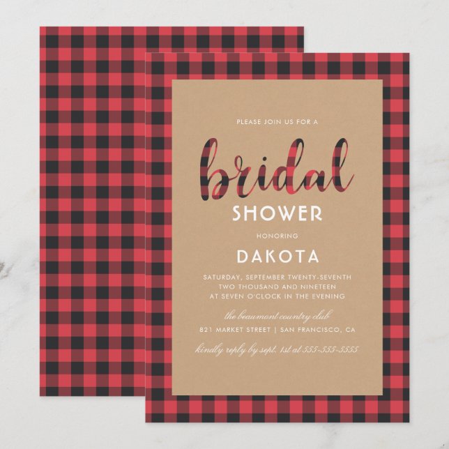 Rustic Kraft & Buffalo Plaid Script Bridal Shower Invitation (Front/Back)