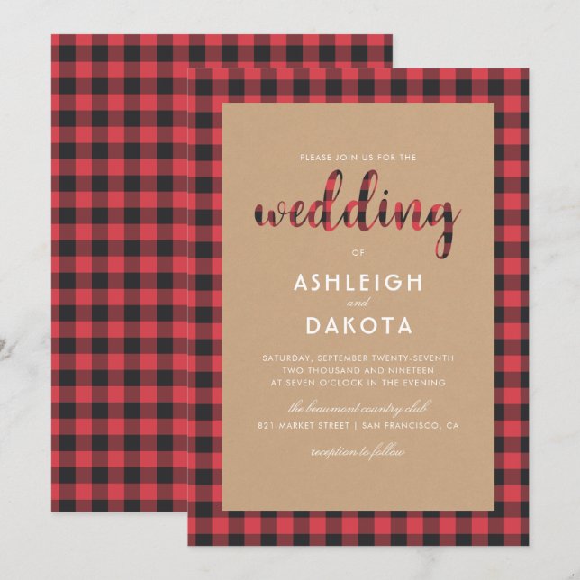 Rustic Kraft & Buffalo Plaid Script Wedding Invitation (Front/Back)
