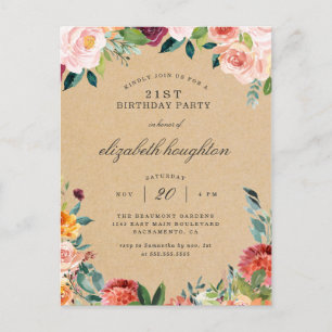 Rustic Kraft Burgundy Blush Floral Birthday Party Invitation Postcard