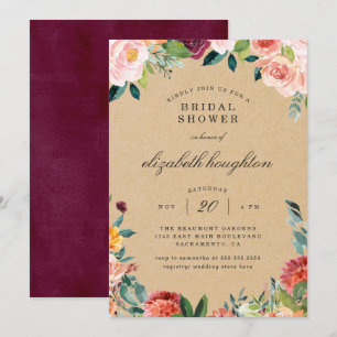 Rustic Kraft Burgundy Blush Floral Bridal Shower Invitation