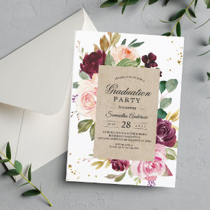 Rustic Kraft & Burgundy Floral Graduation Party  Invitation