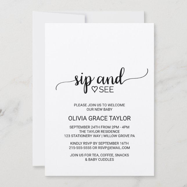 Rustic Kraft Calligraphy Sip and See Invitation (Front)