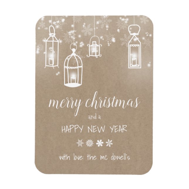 rustic kraft christmas card with lanterns magnet (Vertical)