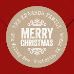 Rustic Kraft Christmas Circle Return Address Label<br><div class="desc">Affordable custom printed round return address stickers personalized with your family name and return address. This rustic modern holiday design features distressed MERRY CHRISTMAS lettering on a faux kraft paper background. Use the design tools to choose any background colour and edit text fonts and colours to further customize your own...</div>