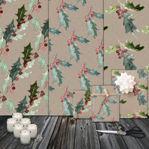 Rustic Kraft Christmas Floral Holly Red Berries Wrapping Paper Sheet