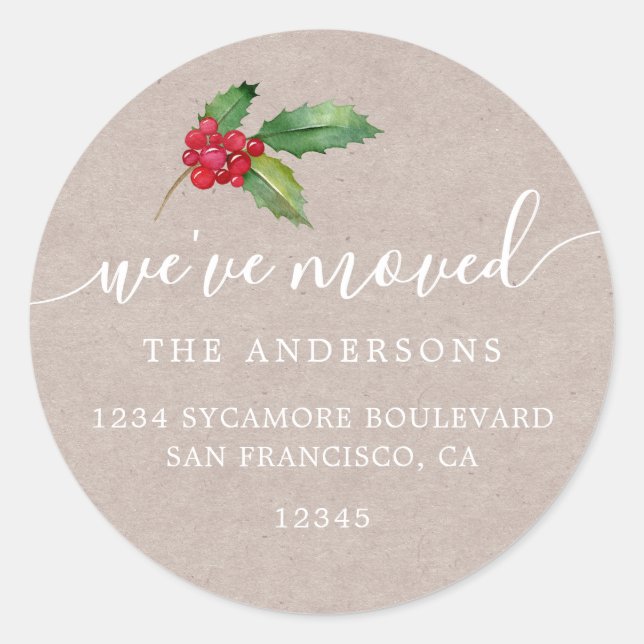 Rustic Kraft Christmas Greenery New Address Home Classic Round Sticker (Front)