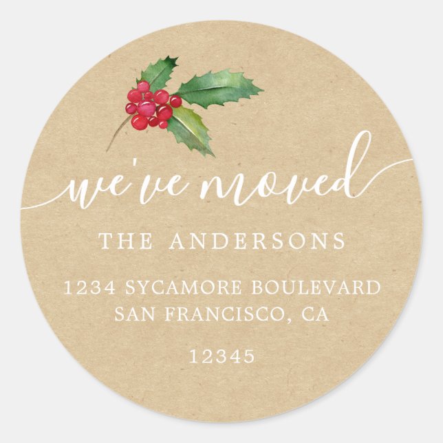 Rustic Kraft Christmas Greenery New Address Home Classic Round Sticker (Front)