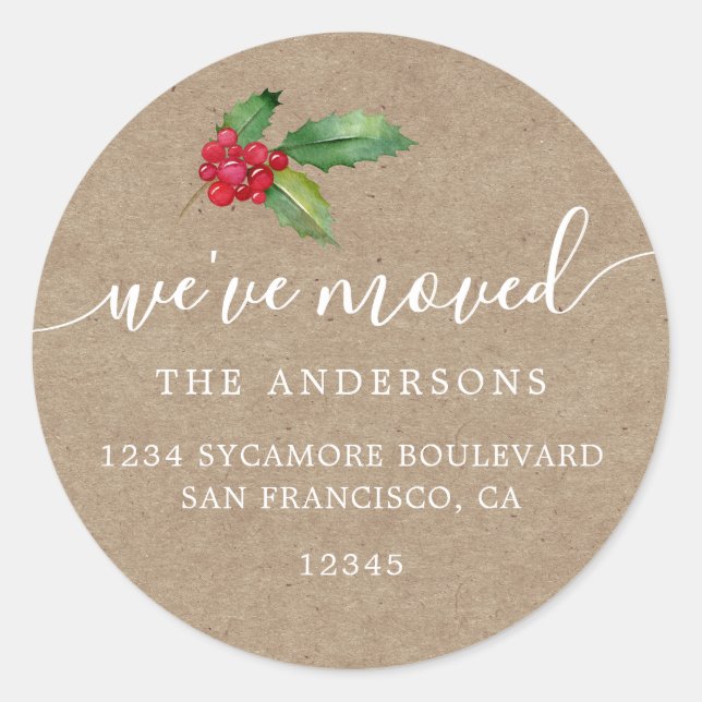 Rustic Kraft Christmas Greenery New Address Home Classic Round Sticker (Front)