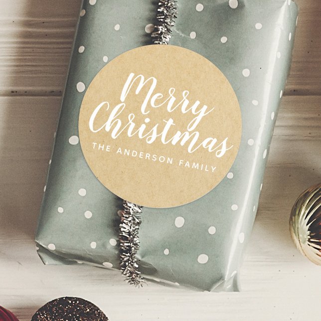 Rustic Kraft Christmas Hand Script Classic Round Sticker (Creator Uploaded)