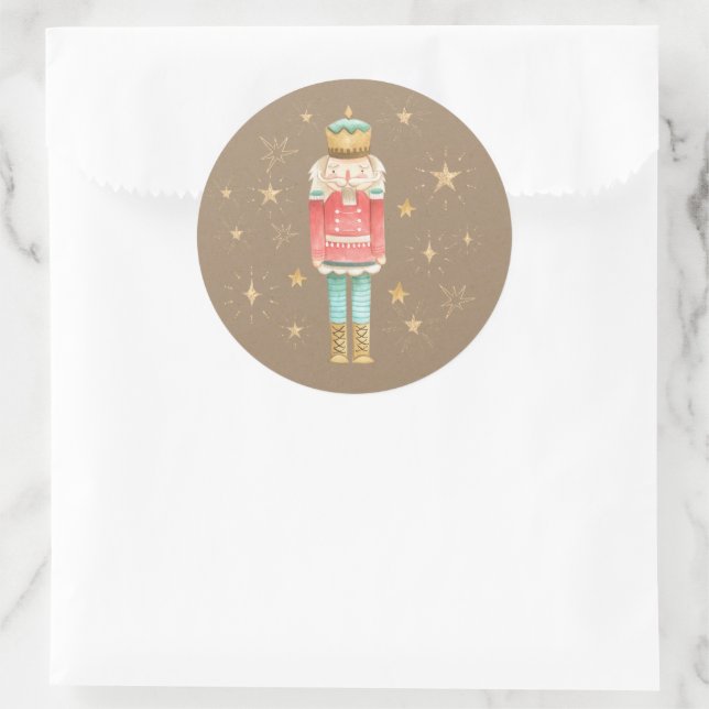 Rustic Kraft Christmas Nutcracker Gold Stars Classic Round Sticker (Bag)
