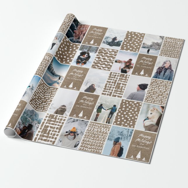 Rustic Kraft Christmas Personalize Collage Photo W Wrapping Paper (Unrolled)