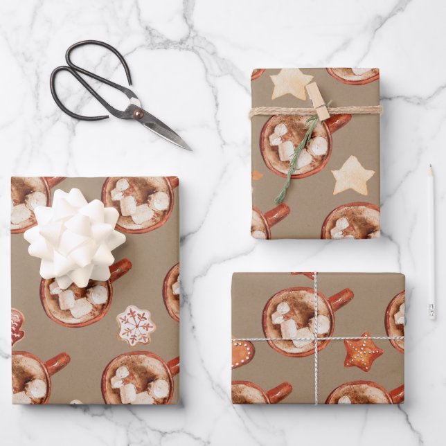 Rustic Kraft Cozy Hot Cocoa And Cookies Wrapping Paper Sheet (Front)