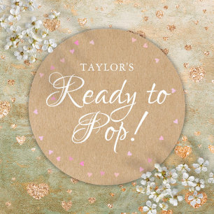 Rustic Kraft Cute Pink Hearts Ready to Pop Classic Round Sticker