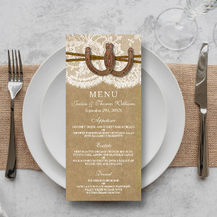 Rustic Kraft, dentelle et fer à cheval Menu Mariag