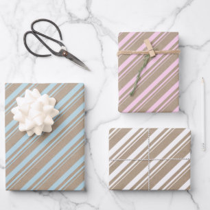 Rustic Kraft Dusty Blue Pink White Candy Stripes Wrapping Paper Sheet