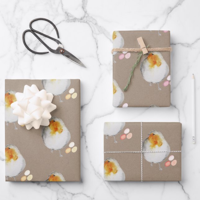Rustic Kraft Easter Hens Chicks Hiding Easter Eggs Wrapping Paper Sheet (Front)