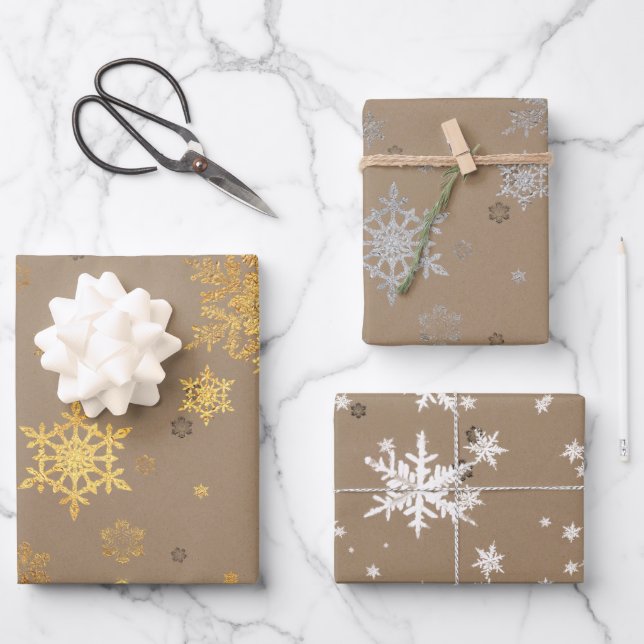 Rustic Kraft Elegant Gold Silver White Snowflakes  Wrapping Paper Sheet (Front)