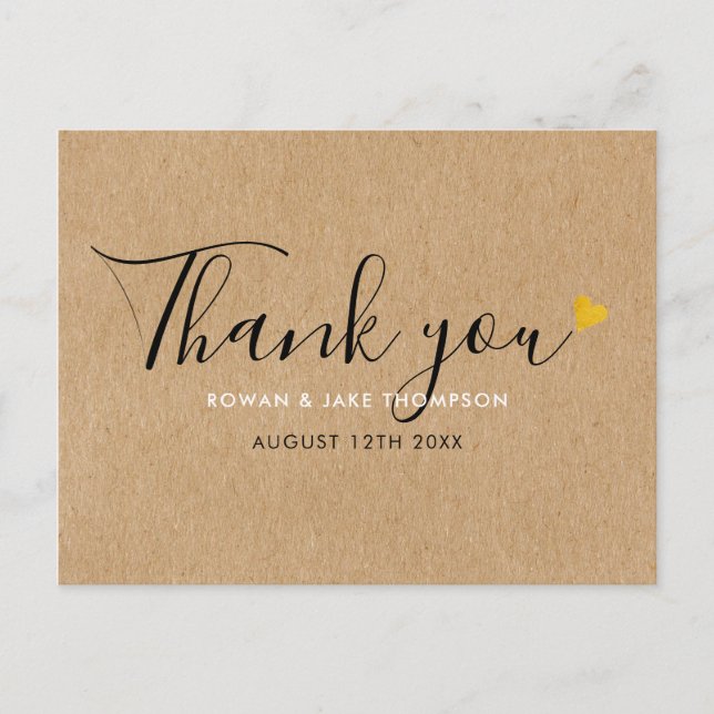 Rustic Kraft Elegant Script Gold Heart Thank You Postcard (Front)