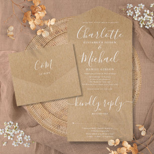 Rustic Kraft Elegant Script Minimalist Wedding All In One Invitation
