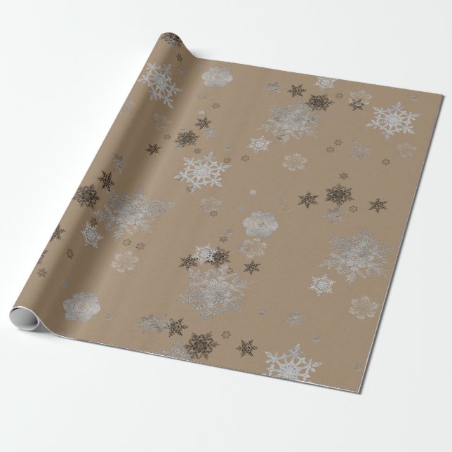 Rustic Kraft Elegant Silver Snowflakes Wrapping Paper (Unrolled)