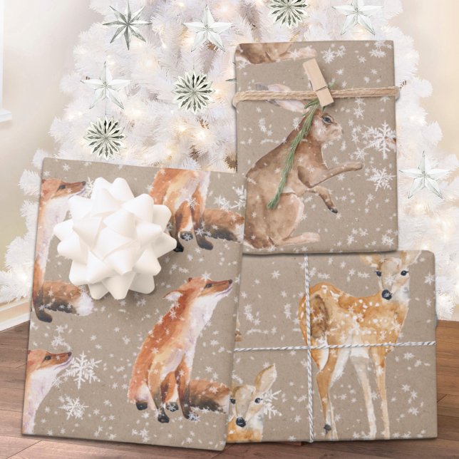 Rustic Kraft Elegant Snowy Winter Animals 2 Wrapping Paper Sheet (Creator Uploaded)