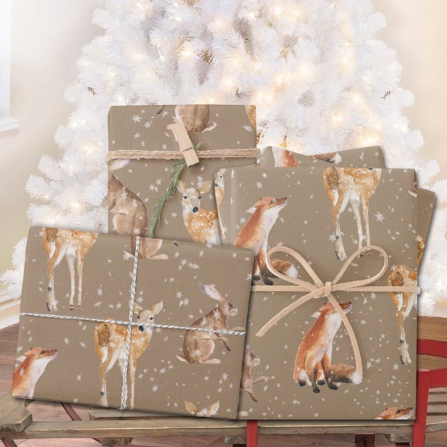 Rustic Kraft Elegant Snowy Winter Animals Together Wrapping Paper Sheet (Rustic Kraft Elegant Snowy Winter Animals Together Christmas Holiday Gift Wrapping Paper Sheets Trio)