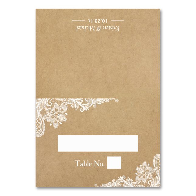Rustic Kraft Elegant White Lace Wedding Place Table Number (Front)