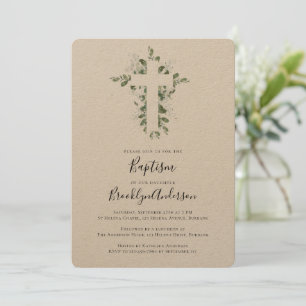 Rustic Kraft Eucalyptus Cross Baptism Invitation